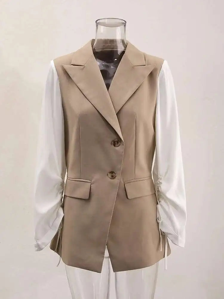 Women Khaki Drawstring Color-block Elegant Blazer New Lapel Long Sleeve Jacket Fashion Tide Spring Autumn 2025 CPDB162