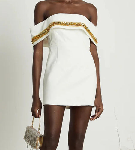 Patchwork Sequines Slimming Mini Dresses For Women Slash Neck Shoulder Cuff High Waist Temperament Dress Female New