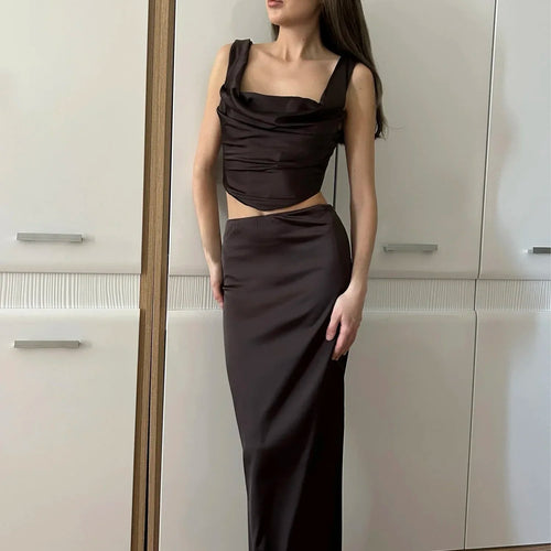 Load image into Gallery viewer, Wine Christmas Dress Women Satin 2 Piece Dress Set Elegant Bodycon Corset Cropped Top and Long Skirt Women Clothing
