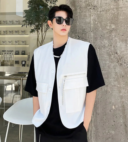 Spirng Men's Vest Coat  Korean Fashionable Sleeveless Design Multi Pockets Zippers Stylish Male Clothing 9W1580