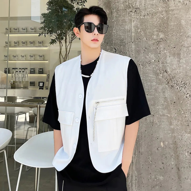 Spirng Men's Vest Coat  Korean Fashionable Sleeveless Design Multi Pockets Zippers Stylish Male Clothing 9W1580