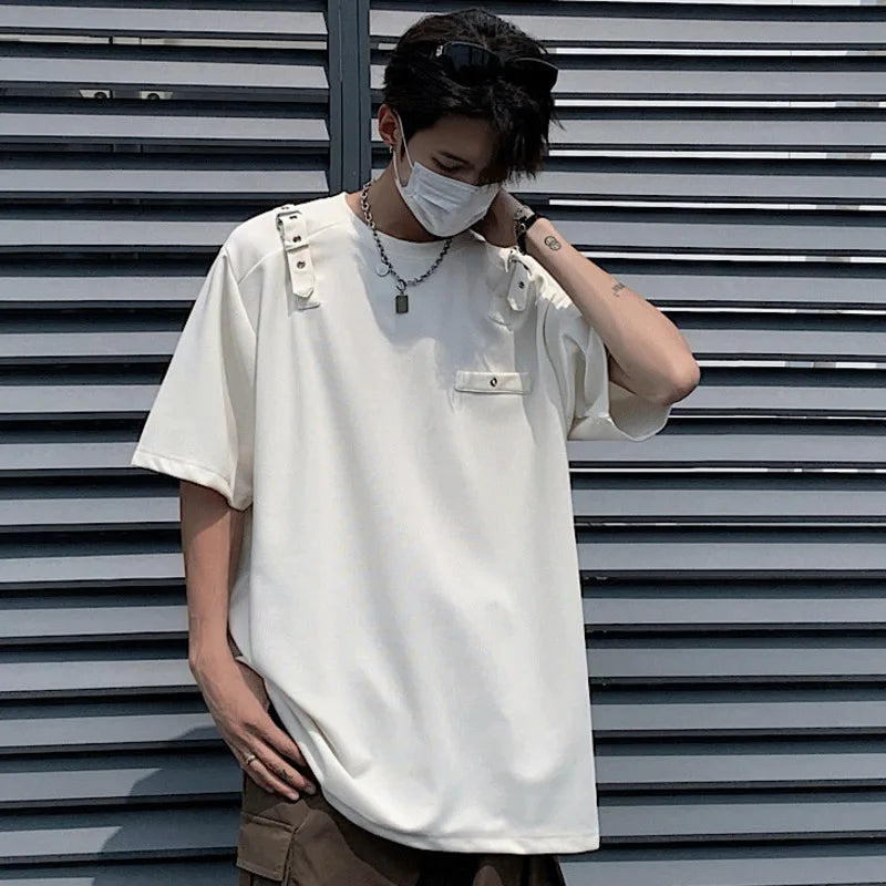 Men's T-shirt Summer Strap Solid Color O-neck Top Korean Style Short Sleeve Tees Male Clothing Trendy 9C5793