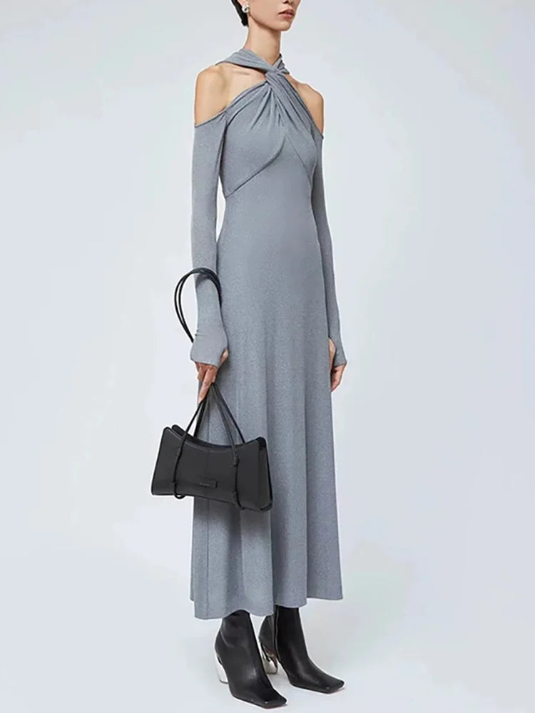 Solid Hollow Out Crisscross Minimalist Dresses For Women Round Neck Long Sleeve High Waist Elegant Slimming Dress Female New