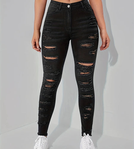 Hole Hollow Out Jeans Female High Waist Spliced Raw Hem Solid Skinny Denim Trousers Female Clothing Spring