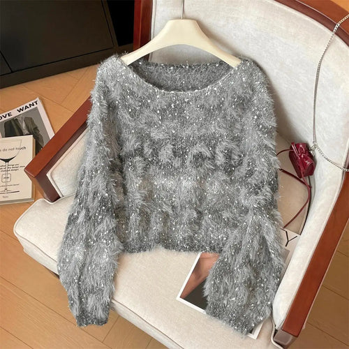 Load image into Gallery viewer, Autumn Winter 2025 Grey Patchwork Elegant Pullover Fashion Short Sweater Women Orange Long Sleeve Knitwear Warm Tops Streetwear
