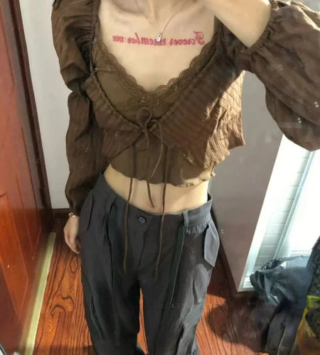 Y2k Aesthetic Fashion Two Piece Set Preppy Style Bandage Shirt + Streetwear Lace Patchwork Crop Top Vest 2  Suits Summer