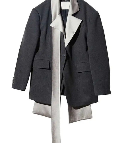 Women Black Irregular Big Size Blazer New Lapel Scarf Long Sleeve Fit Jacket Fashion Tide Spring Autumn 2025 1DH2113