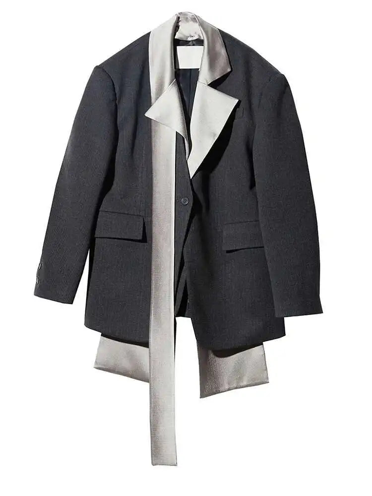 Women Black Irregular Big Size Blazer New Lapel Scarf Long Sleeve Fit Jacket Fashion Tide Spring Autumn 2025 1DH2113