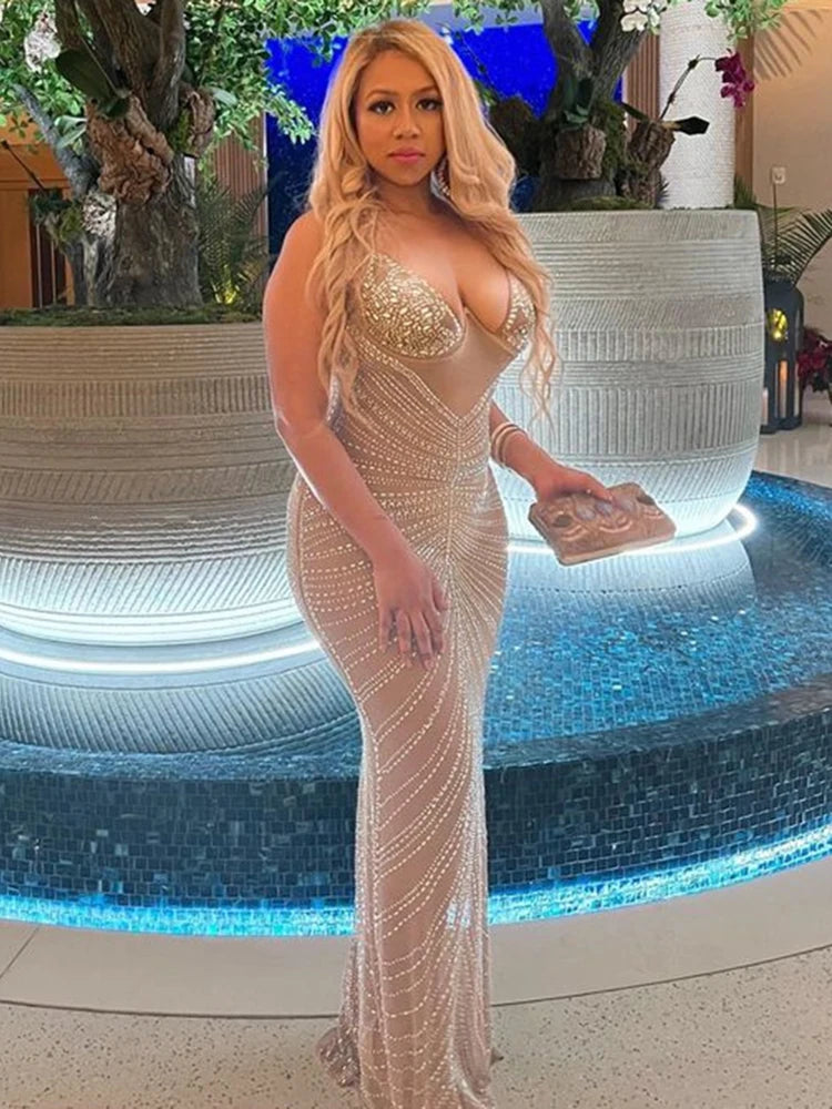 Sequined Drill Sexy Dress For Party Women Suspender Wrap Chest Mesh Perspective Dress Hot Ladies V-Neck Long Vestidos