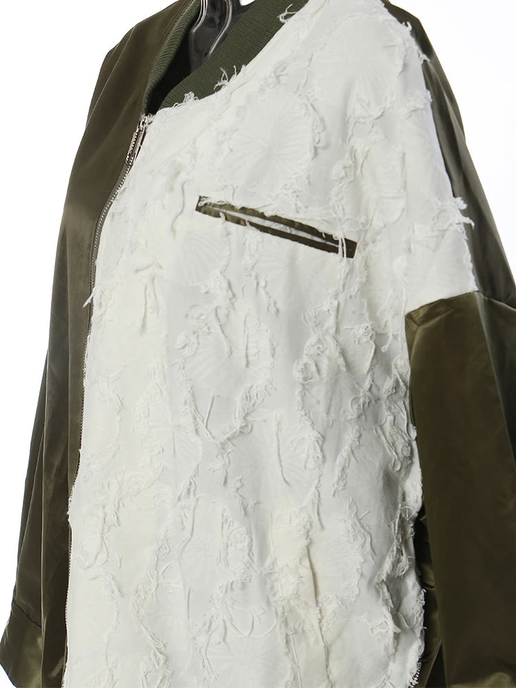 Loose Fit Green Color-block Big Size Jacket New Stand Collar Long Sleeve Women Coat Fashion Spring Autumn 2025 1DE6987