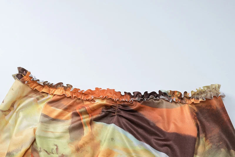 Hollow Out Print Sexy Mini Dress For Women Autumn New Off-shoulder Long Sleeve Bodycon Ruffled Slit Sexy Dress New