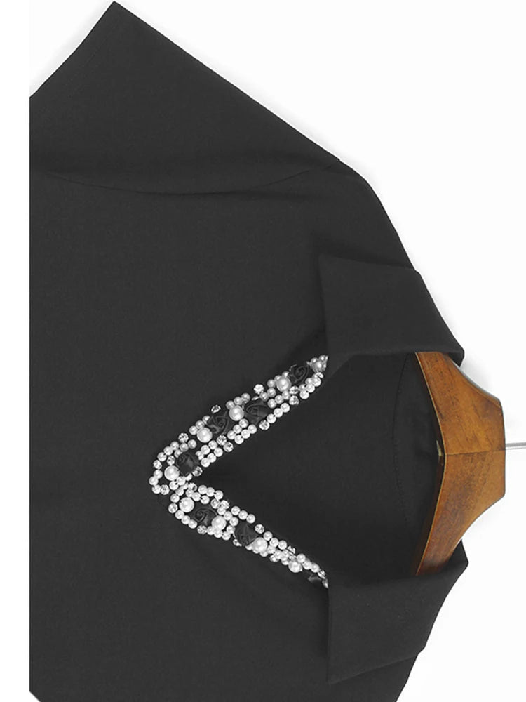 Women Black Flower Pearl Big Size Elegant Lace Midi Dress New V-Neck Short Sleeve Fashion Tide Spring Summer 2025 1DJ1419