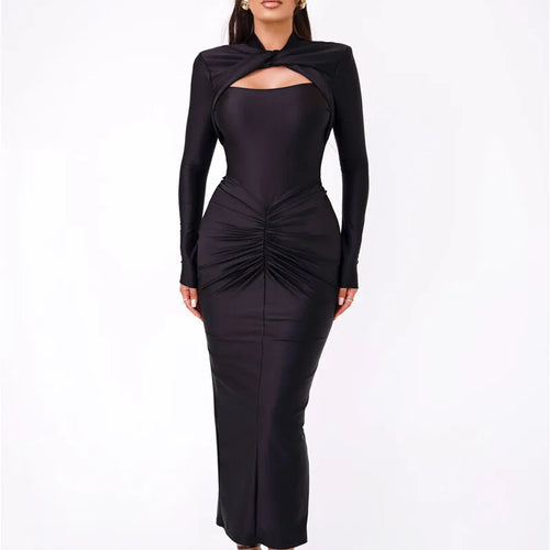 Load image into Gallery viewer, Hollow Out Long Sleeve Sexy Maxi Dress For Women Gown Autumn Winter New Metal Buckle Ruched Slit Long Dress Elegant
