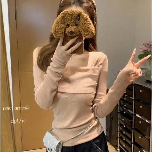 Load image into Gallery viewer, Autumn Winter Solid Temperament Sexy Slim Off Shoulder Long Sleeve Knitting Sweater Women Office Fashion Pleated Tops New Simple
