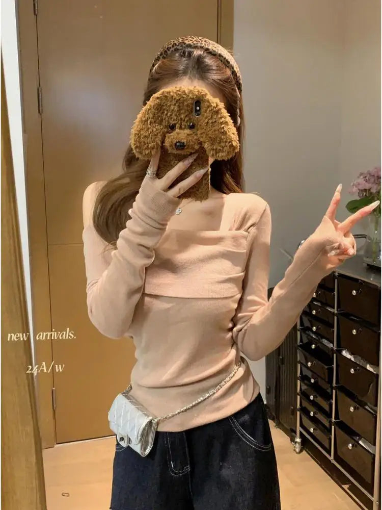 Autumn Winter Solid Temperament Sexy Slim Off Shoulder Long Sleeve Knitting Sweater Women Office Fashion Pleated Tops New Simple