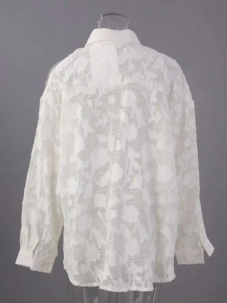 Women Beige Perspective Off Shoulder Big Size Blouse New Lapel Long Sleeve Shirt Fashion Tide Spring Autumn 2025 CPG2914