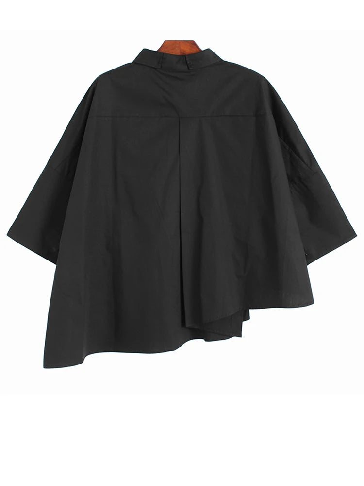 Women White Pleated Irregular Big Size Blouse New Lapel Three-quarter Sleeve Shirt Fashion Tide Spring Autumn 2025 1DH9796