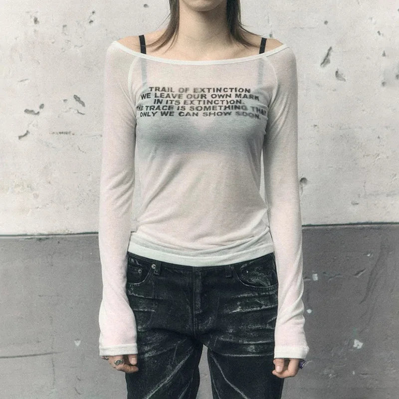 Y2k Aesthetic Vintage Letter Print Tshirts Women Harajuku Gothic Punk Basic T-shirt 2025 Streetwear Slim Bottoming Tees Femme