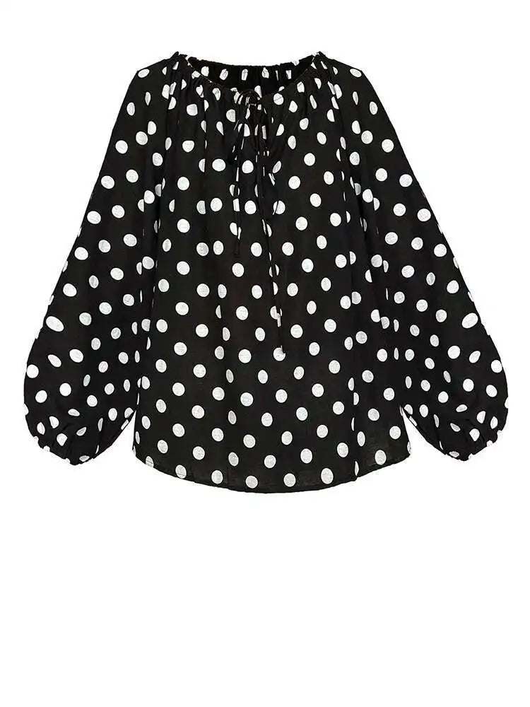 Women Black Dot Printed Big Size Elegant Blouse New Round Neck Long Sleeve Shirt Fashion Tide Spring Autumn 2025 1DH9976