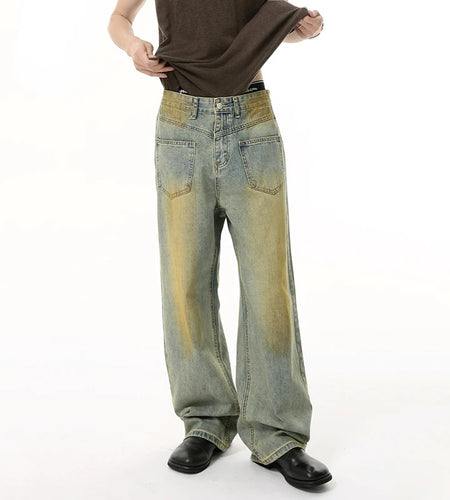 American Style Men's Jeans Reversible Contrast Color Bottom Worn-out Straight Wide Leg Washed Male Denim Pants New 9W1846