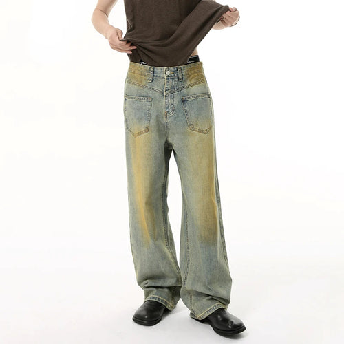 Load image into Gallery viewer, American Style Men's Jeans Reversible Contrast Color Bottom Worn-out Straight Wide Leg Washed Male Denim Pants New 9W1846
