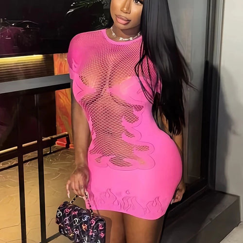 Basics Solid Color Sheer Mini Dress For Women Fashion Round Neck Short Sleeve High Stretch Bodycon Dresses Sexy Party