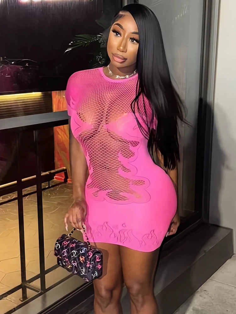 Basics Solid Color Sheer Mini Dress For Women Fashion Round Neck Short Sleeve High Stretch Bodycon Dresses Sexy Party