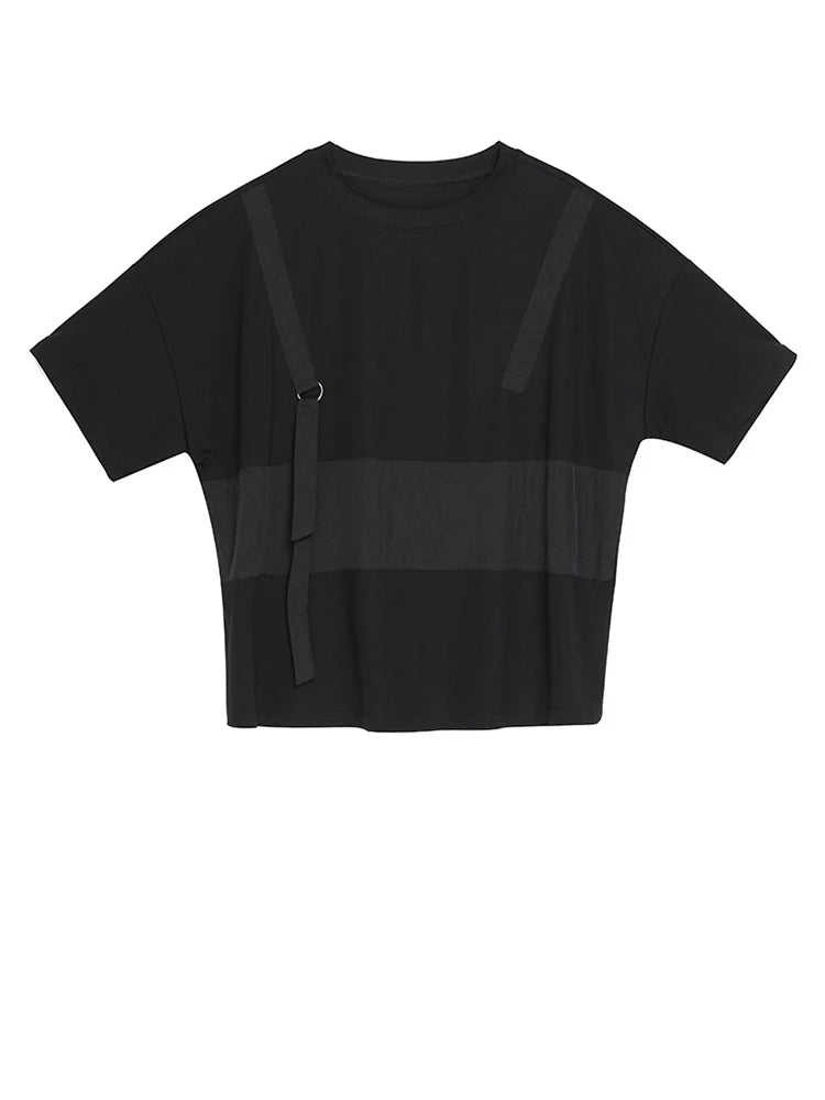 Women Black Contrast Color Split Big Size T-shirt New Round Neck Half Sleeve  Fashion Tide  Spring Summer 2025 1U136