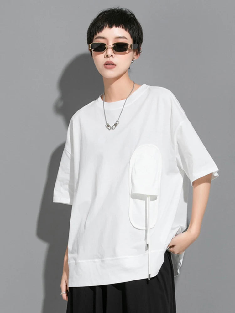 Women Black 3d Patch Spliced Big Size Casual T-shirt New Round Neck Short Sleeve Fashion Tide Spring Summer 2025  1DJ1777