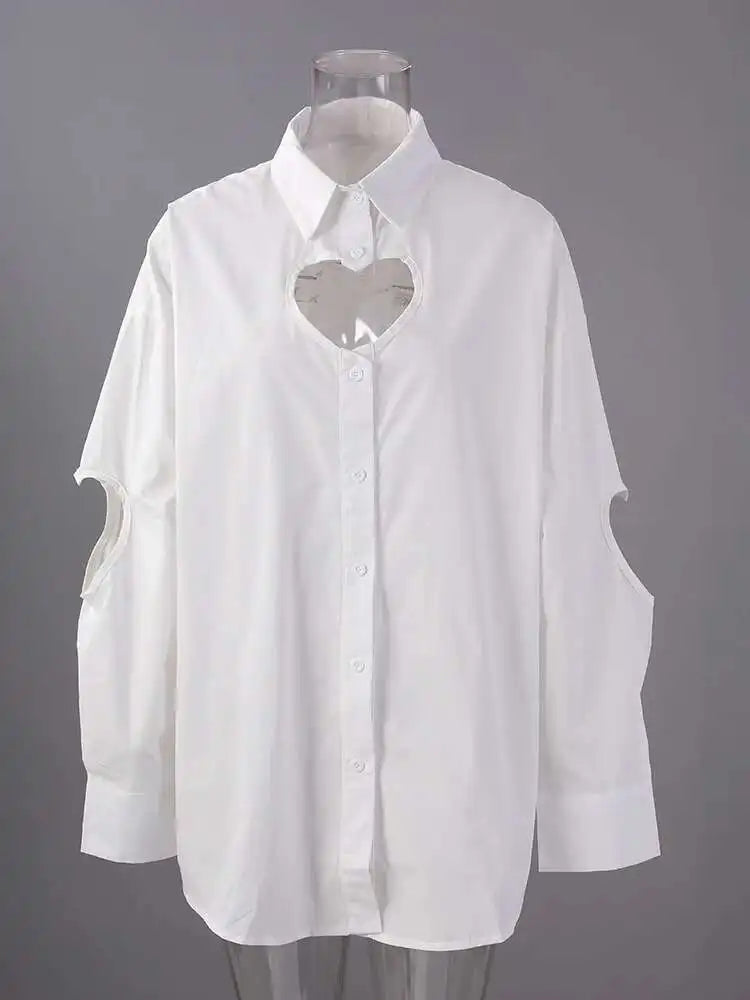 Women White Hollow Out Spliced Big Size Casual Blouse New Lapel Long Sleeve Shirt Fashion Tide Spring Autumn 2025 CPG2982