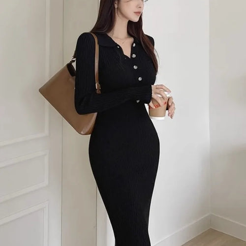 Load image into Gallery viewer, Autumn Knit Knitted Korean Vintage Bodycon Wrap Long Dress Women Kpop Elegant Long Sleeve Party Dresses
