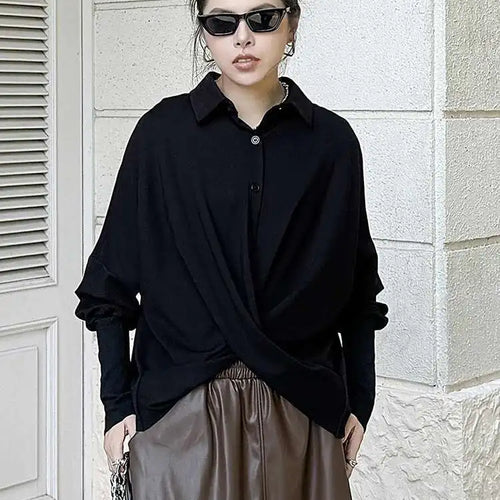Load image into Gallery viewer, Women Black Irregular Cross Short Big Size Blouse New Lapel Long Sleeve Shirt Fashion Tide Spring Autumn 2025 Black

