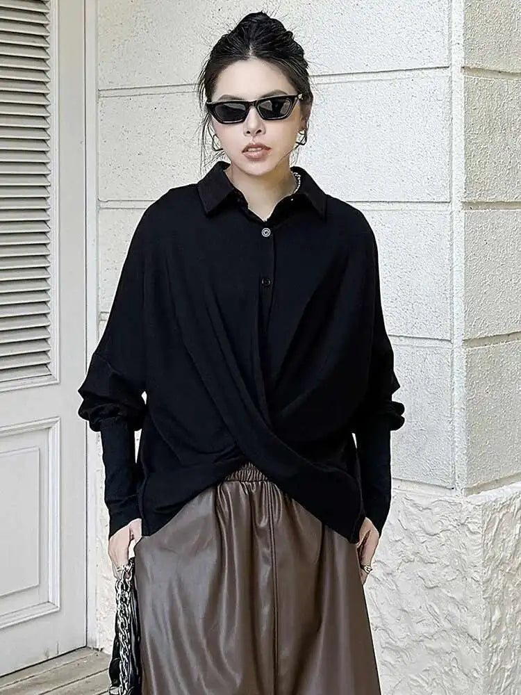 Women Black Irregular Cross Short Big Size Blouse New Lapel Long Sleeve Shirt Fashion Tide Spring Autumn 2025 Black