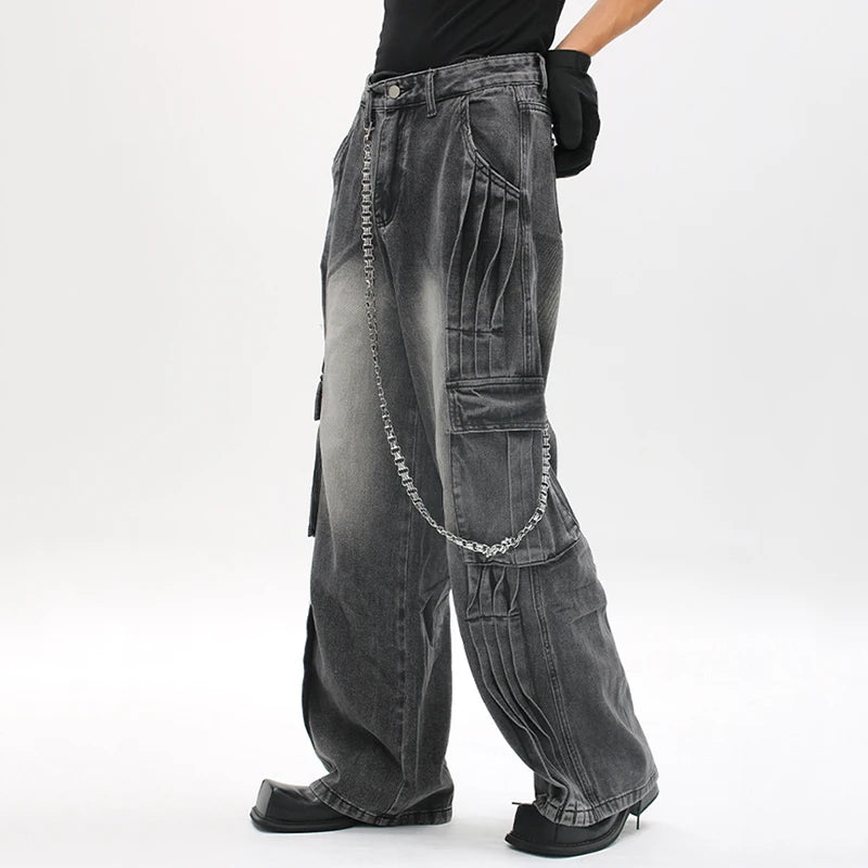 American Style Men's Denim Pants Pleated Deconstruction Solid Color Casual Bottom Straight Wide Leg Male Jeans Tide 9C9374