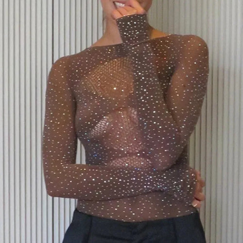 Load image into Gallery viewer, Sexy Mesh Hollow Out Long Sleeve Bodysuit Women Elastic Slim Perspective Shiny Jumpsuit Female Party Club Autumn 2023
