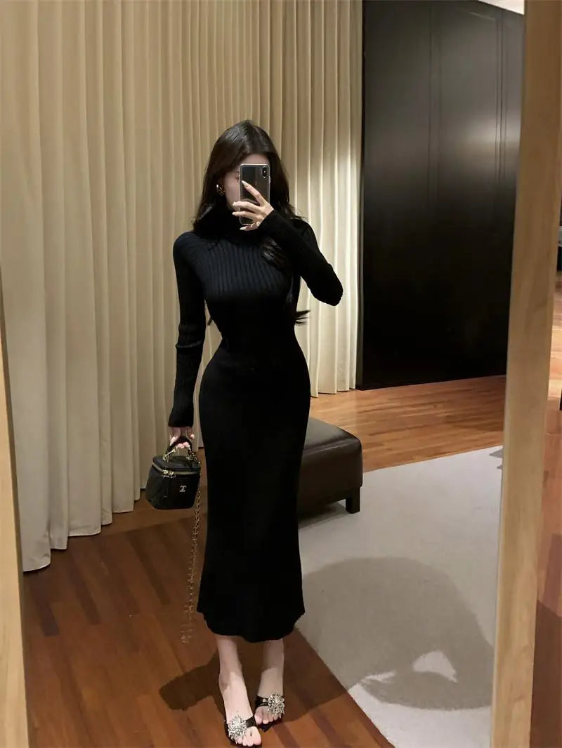 New Solid High Collar Long Sleeve Festival Knitted Dress Autumn Winter French Fashion Slim Long Sleeves Elegant Wrap Hip Dresses