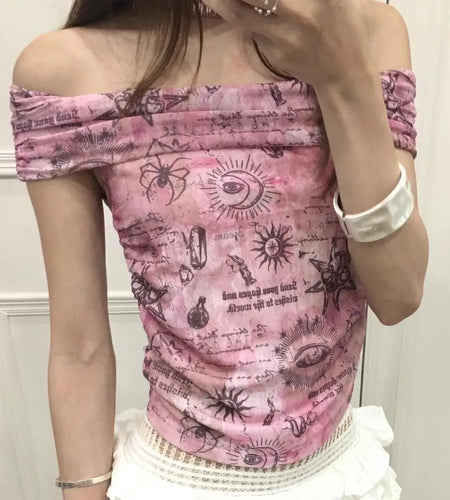 Y2k Tops Gauze Tunic Woman T Shirts 2024 Women Clothing Slash Neck Off Shoulder Sexy Tees Fashion Summer Tshirt Korean Camisetas