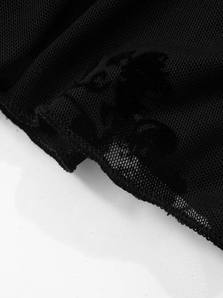 See Through Lace Sexy Mini Dress Women Patchwork Short Sleeve Square Collar Backless High Waist Pleated Club Dress