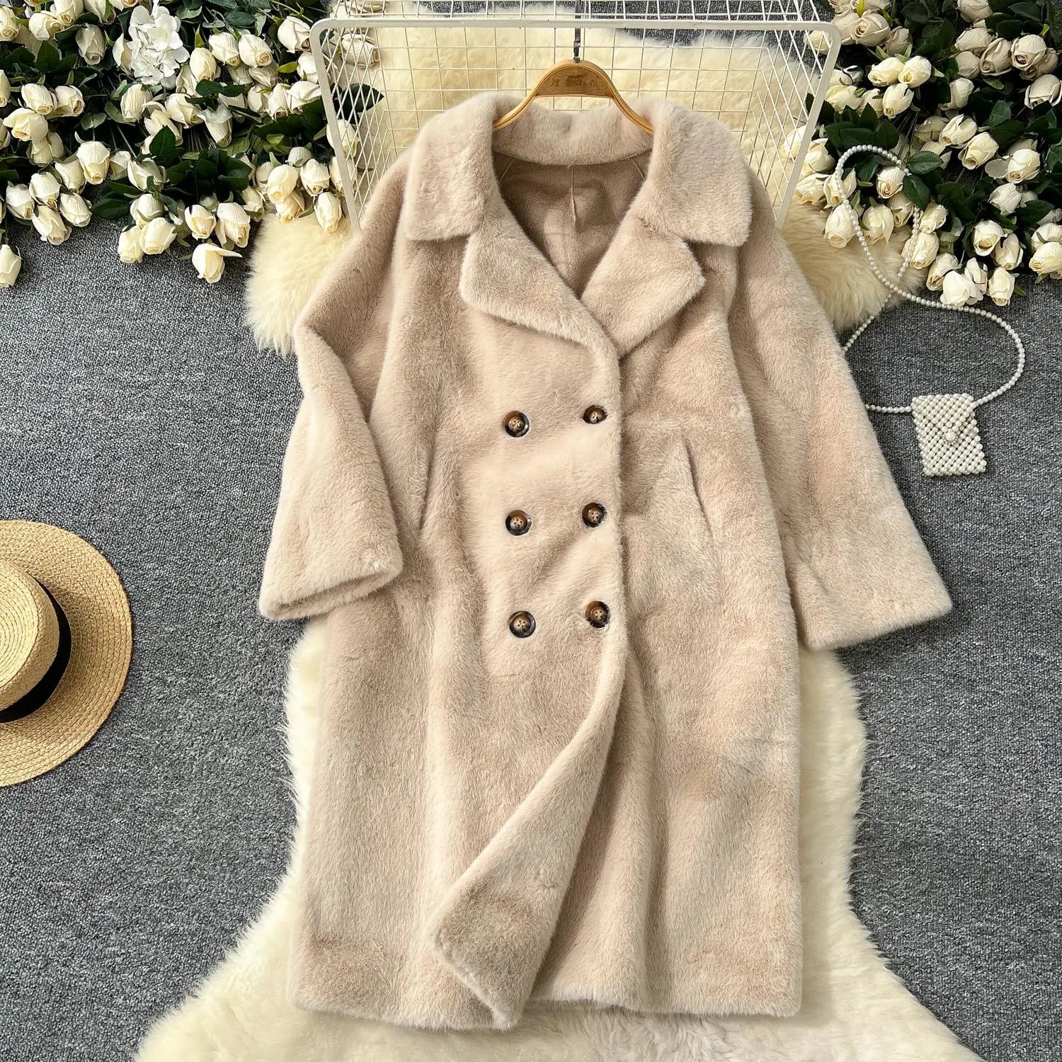 Korean Fashion 2024 Winter Solid Elegant Double-breasted Warm Imitation Mink Fur Coat Women Office Lady Thick Loose Long Jacket