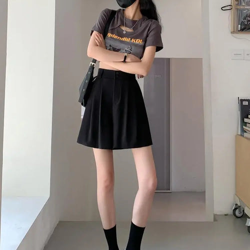 Load image into Gallery viewer, Summer Fashion Black Gray Casual Loose Wide Leg A-line Shorts Women Brown High Waist Elegant Lady Pleated Short Pants
