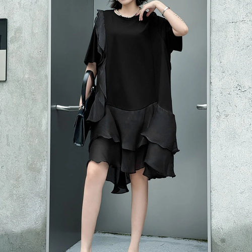 Load image into Gallery viewer, Women Black Ruffles Irregular Big Size Mini Dress New Round Neck Short Sleeve Fashion Tide Spring Summer 2025 1DJ1365
