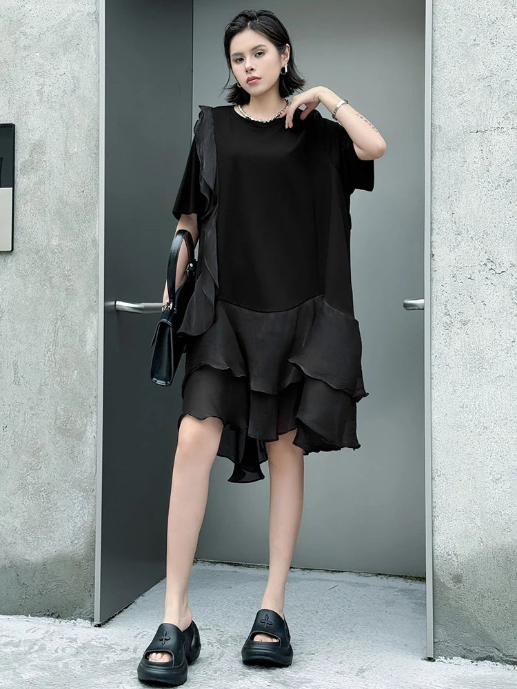 Women Black Ruffles Irregular Big Size Mini Dress New Round Neck Short Sleeve Fashion Tide Spring Summer 2025 1DJ1365