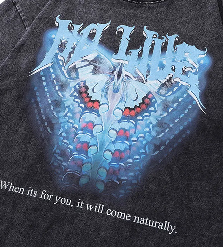 Men Vintage T-Shirt Retro Butterfly Graphic Print Black Washed Tshirt Streetwear 2024 Hip Hop Harajuku Loose Punk Cotton Tops