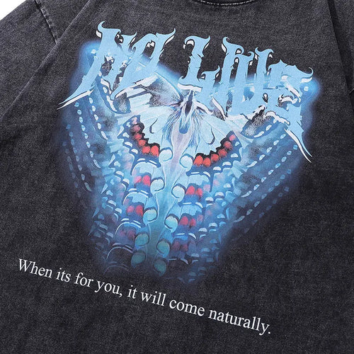 Men Vintage T-Shirt Retro Butterfly Graphic Print Black Washed Tshirt Streetwear 2024 Hip Hop Harajuku Loose Punk Cotton Tops
