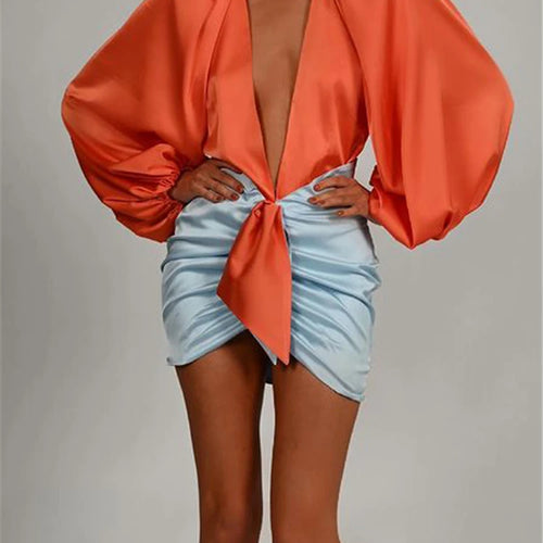 Load image into Gallery viewer, Sexy Deep V-neck Satin Two Piece Set Women Long Sleeve Top Short Skirt Sets Matching Casual Partywear Winter Women Set
