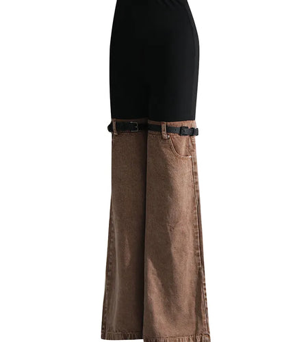 Hit Color Patchwork Belt Denim Pant For Women High Waist Spliced Pockets Wide Leg jeans Female Fashion Clothing