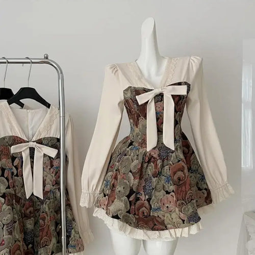 Load image into Gallery viewer, French Retro Women Fashion Beige Floral Patchwork Lace Mini Dress Autumn Winter Sweet Long Sleeved Ruffles Bow Short Dress Boho
