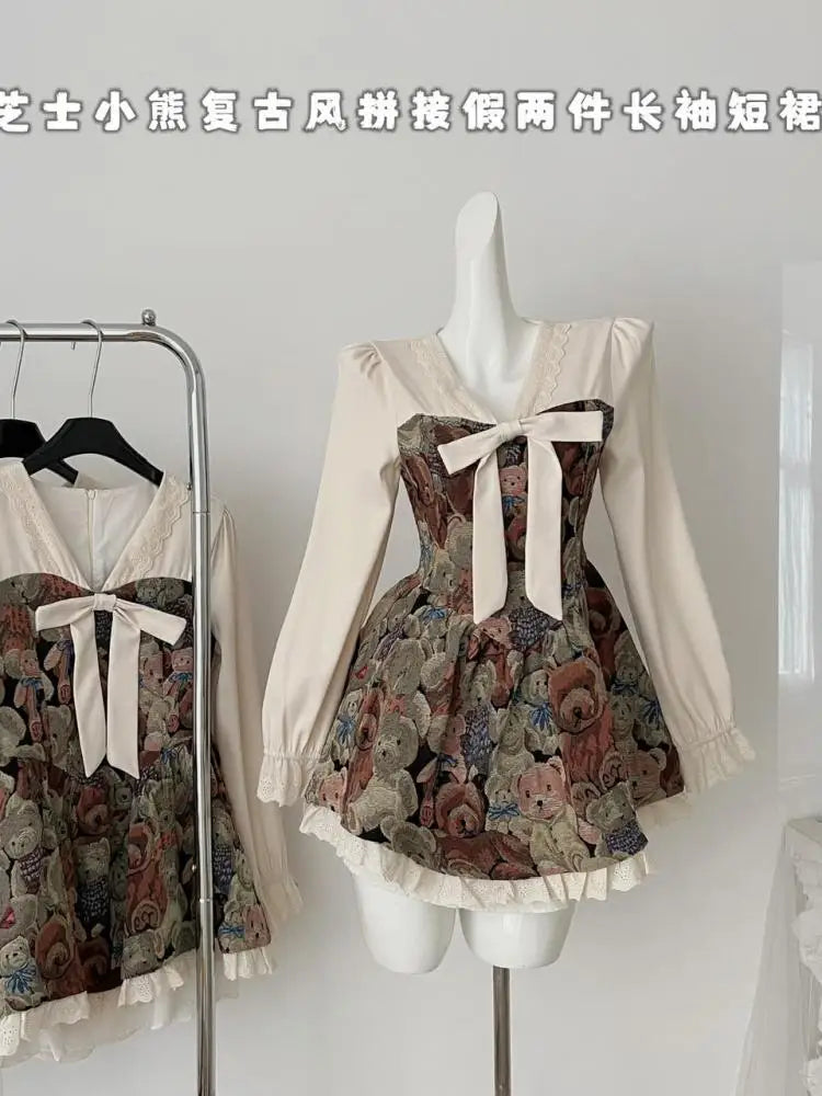 French Retro Women Fashion Beige Floral Patchwork Lace Mini Dress Autumn Winter Sweet Long Sleeved Ruffles Bow Short Dress Boho