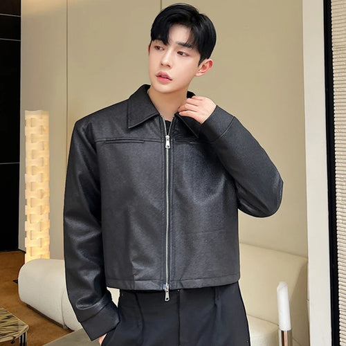 Load image into Gallery viewer, Solid Color Male Jackets Korean Fashion Turn-down Collar Patchwork Zipper Men&#39;s Short Coats Autumn New Trendy 2024 9C4451
