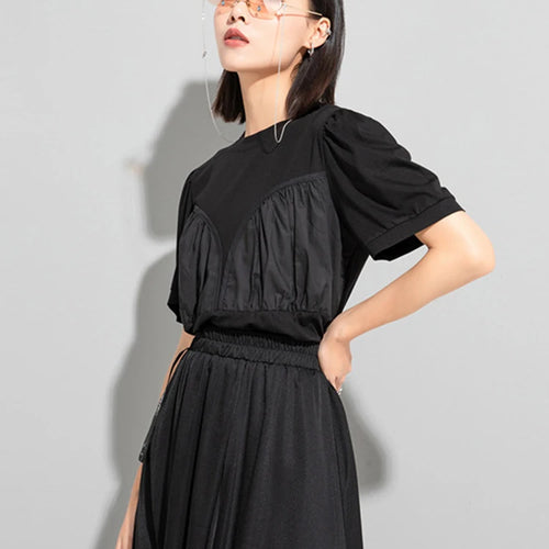 Load image into Gallery viewer, Women White Pleated Spliced Big Size Casual T-shirt New Round Neck Short Sleeve Fashion Tide Spring Summer 2025 1DJ1055
